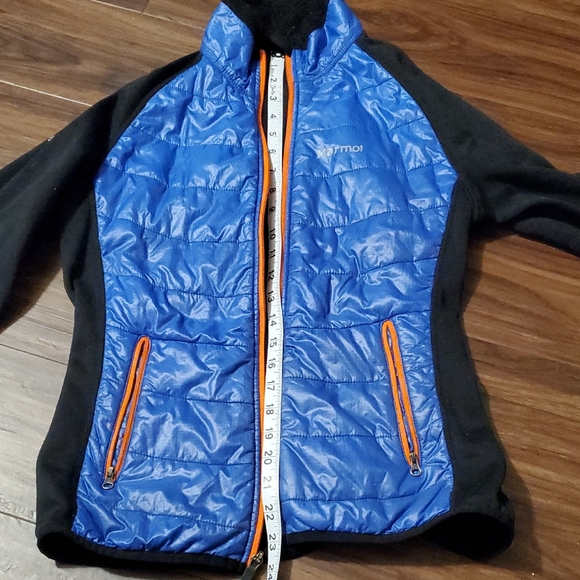 Marmot Blue and Black Hybrid Puffer Jacket with Orange Details, Zippered Pockets - Picture 11 of 11